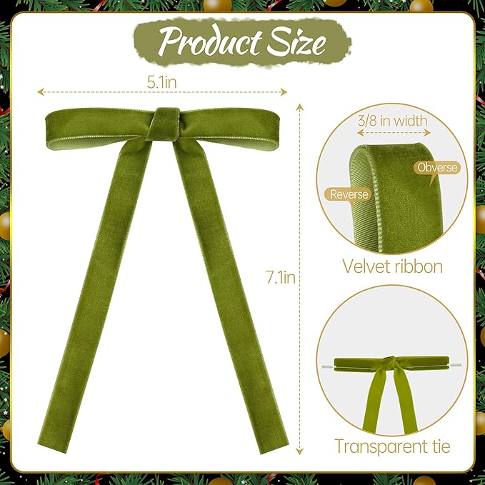 AYGXU 30pcs Velvet Bows for Christmas Tree Decorations,Twist tie Bows,Vintage Christmas Bow Decor,premade Bow for Gift Wrapping,Table,Garland,Fireplace Decor.Olive Green(5/8" W,5.1 * 7in)
