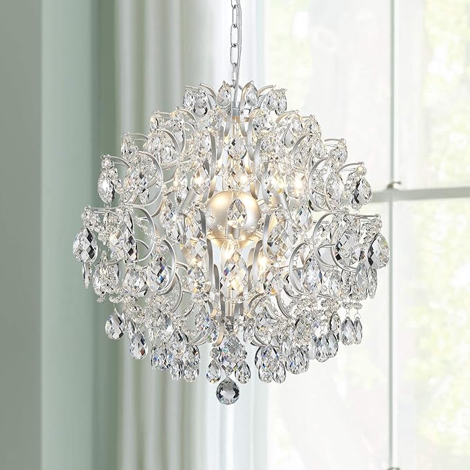 Bestier Silver Modern Pendant Chandelier Crystal Raindrop Lighting Ceiling Light Fixture Lamp for Dining Room Bathroom Bedroom Livingroom 6 E12 Bulbs Required D19 in x H21 in