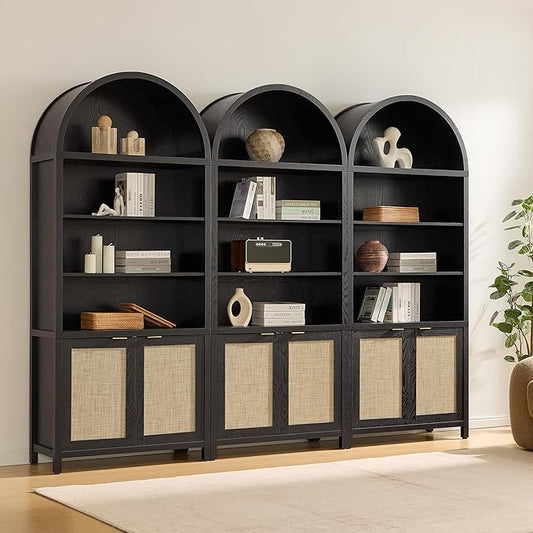 SICOTAS Book Shelf Arched Cabinet Bookshelf Arch 84.2" Tall Bookcase 5 Tier Large Bookshelves with Doors Storage Rattan Boho Wide Book Shelves Case for Living Room Kitchen Office Bedroom Library