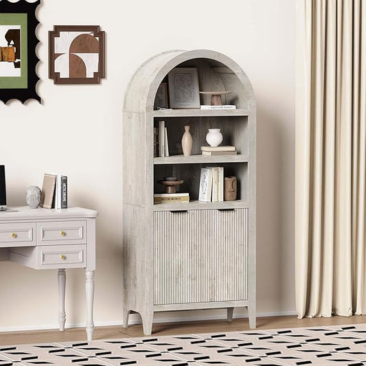 blini Tall Arched Bookcase with Doors, Wooden Arch Bookshelf 5-Tier Rounded Bookshelf Multi-Depth Display Storage Cabinet for Living Room