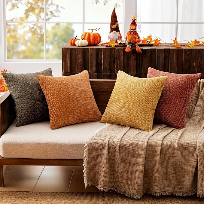MIULEE Pack of 4 Fall Orange/Yellow  Throw Pillow Covers 18x18 Inch Halloween Soft Decorative Chenille Pillows Farmhouse Accent Cushions for Boho Home Decor Spring  Bedroom Living Room