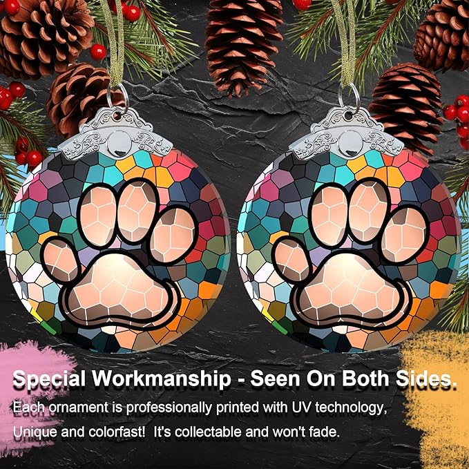 Dog Paw Print Christmas Ornament -Dog Memorial Gifts for Pet Lover - Paw Print Christmas Tree Hanging Ornament Crystal Glass 3"