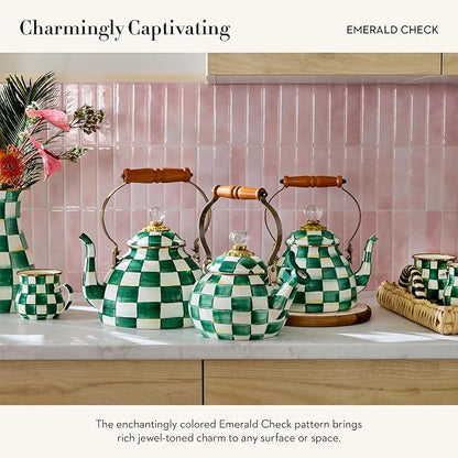 MACKENZIE-CHILDS Enamel Tea Kettle, Stylish Tea Kettle for Stovetop, Green-and-White Emerald Check, 3 Quarts