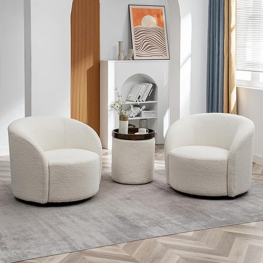 KINWELL 34" W Swivel Barrel Chair Set of 2, Mid Century Modern Round Upholstered Boucle Swivel Accent Chairs, No Assembly Chair for Living Room Bedroom Reading, Cream
