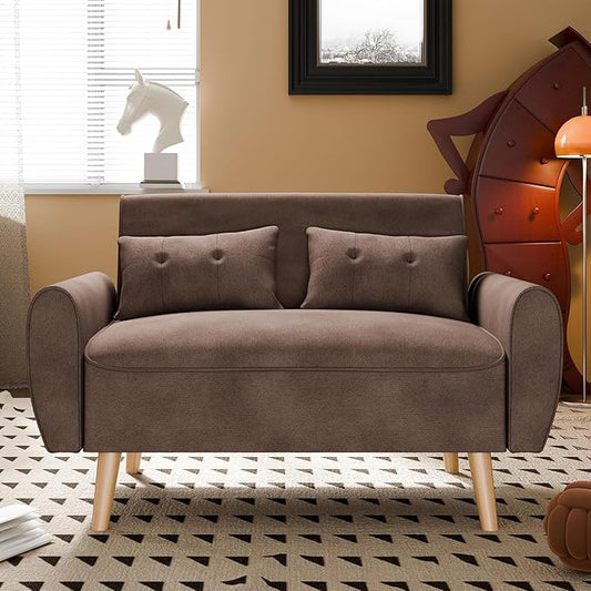 Vongrasig Small Modern Sofa, Mid Century Linen Fabric 3-Seat Sofa Couch Tufted with Back Cushions and Tapered Legs for Living Room, Bedroom and Small Space, Brown