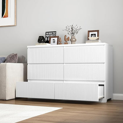 Fluted 6 Drawers Dresser,Modern Large Wood Dresser,Chest of Drawers for Bedroom, Living Room,Hallway,Entryway,TV Stand Drawer Organizer(Fluted White)