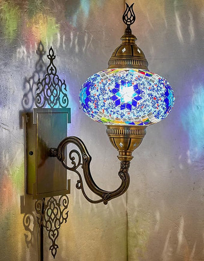 Turkish Moroccan Mosaic Plug-in Wall Sconce Lamp, Handmade Tiffany-Style Glass Globe, Ornate Brass Base, 5.2-ft Cord, Decorative Lighting for Living Room, Bedroom, Dining Room, 15x5 in, Blue-Multi