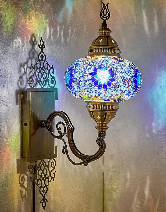 Turkish Moroccan Mosaic Plug-in Wall Sconce Lamp, Handmade Tiffany-Style Glass Globe, Ornate Brass Base, 5.2-ft Cord, Decorative Lighting for Living Room, Bedroom, Dining Room, 15x5 in, Blue-Multi
