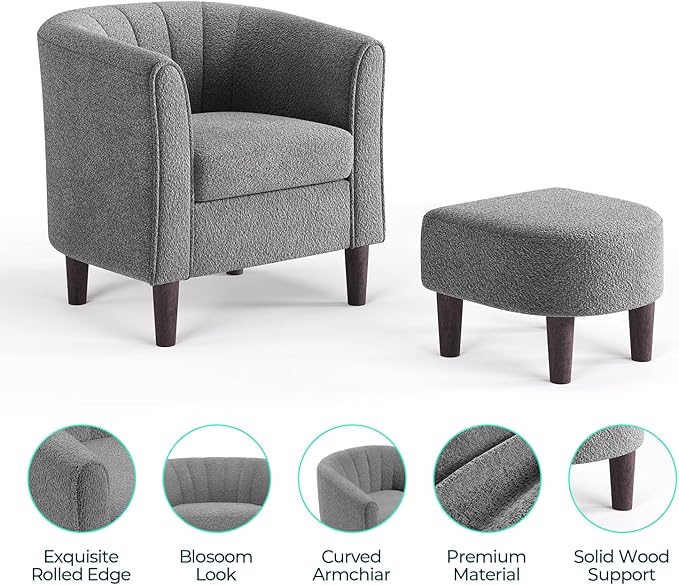 LINSY Accent Chair Ottoman Set: Chenille Barrel Chair with Foot Rest, Mid-Century Modern Small Reading Chair Upholstered Armchair with Footrest for Living Room Bedroom Study Room Office