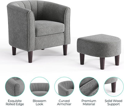 LINSY Accent Chair Ottoman Set: Chenille Barrel Chair with Foot Rest, Mid-Century Modern Small Reading Chair Upholstered Armchair with Footrest for Living Room Bedroom Study Room Office