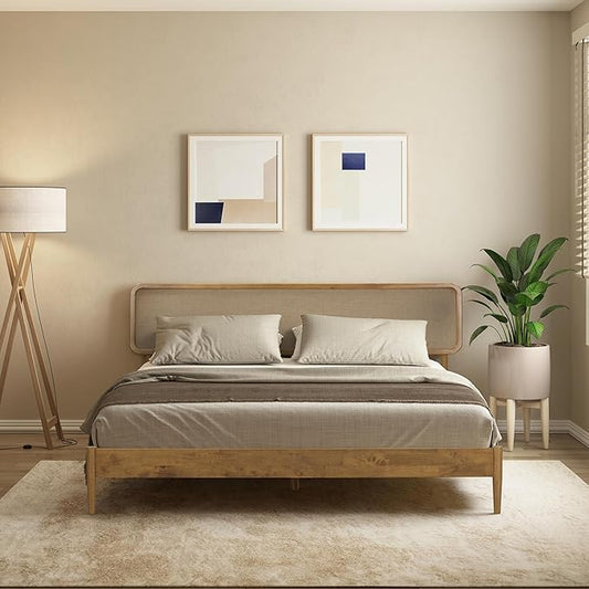 NTC Lupin Wooden Bed Frame with Headboard, Solid Oak and Rubber Wood Foundation with Silent Slats and Wood Central Supports, 1000 Lb Capacity, King - Teak Look