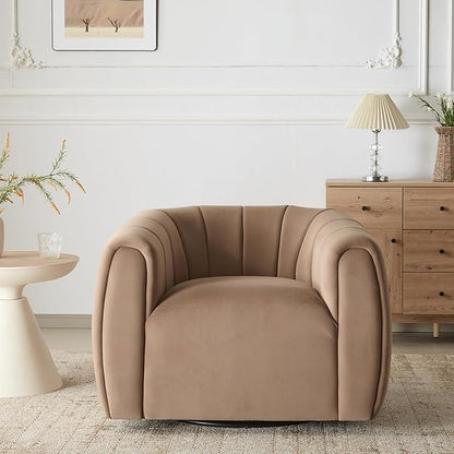 Christopher Knight Home Monroe Velvet Swivel Club Chair,Armchair with 360-Degree Rotation, Upholstered Barrel Swivel Sofa Chair for Living Room/Bedroom, Tufted Back,Thick Cushion, Iron Base, Camel