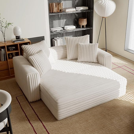 Acanva Oversized Cozy Chaise Indoor with Removable Ottoman, Modern Upholstered Fluffy Sleeper Sofa Bed, Comfy Reclining Couch for Living Room, Bedroom, White