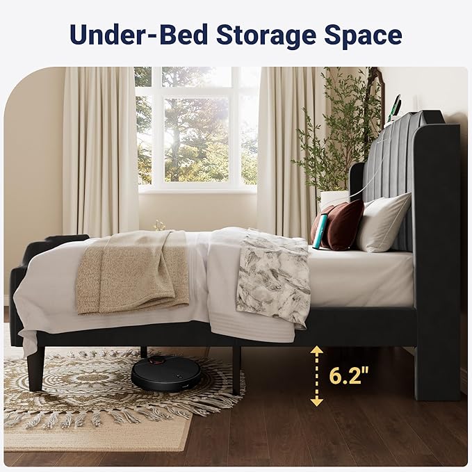 Allewie Vintage Queen Size Velvet Platform Bed Frame with Curved Vertical Tufted Wingback Headboard and Footboard, Charging Station, Easy Assembly, Under Bed Storage, No Box Spring Required, Black