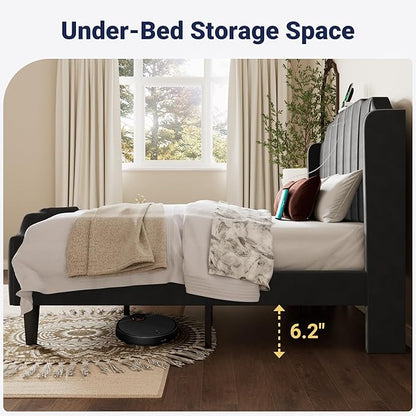 Allewie Vintage Queen Size Velvet Platform Bed Frame with Curved Vertical Tufted Wingback Headboard and Footboard, Charging Station, Easy Assembly, Under Bed Storage, No Box Spring Required, Black
