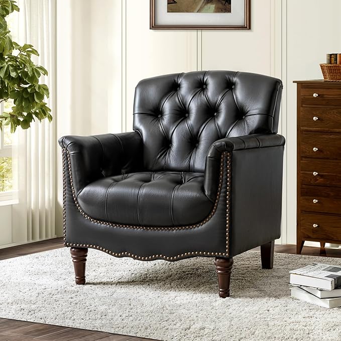 HULALA HOME Mid Century Modern Leather Club Chairs Set of 2, Top-Grain Genuine Leather Armchairs with Button-Tufted Back & Solid Wood Legs, Accent Chairs for Living Room/Bedroom/Home Office, Black