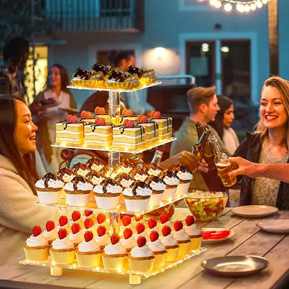 YestBuy 4 Tier Cupcake Stand Acrylic Tower Display with LED Light Premium Holder Dessert Tree Tower for Birthday Cady Bar Décor Weddings, Parties Events (Yellow Light)