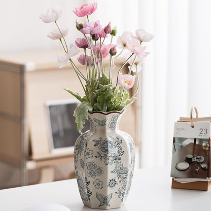 Blue and White Vase, Vintage Blue Ceramic Flower Vessel,Ceramic vases for Home Decor,Vintage Green and Beige for Console Table Mantle Chinoiserie Decor (Retro-02, Large)