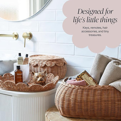 BEBE BASK The Original Scalloped Basket Set Of 2 - Small Scallop Basket - 15 x 10 x 6 In - Hand-Woven & Award-Winning - Elegant Wicker With Scalloped Edge Lid - Nursery Storage - (Mocca)