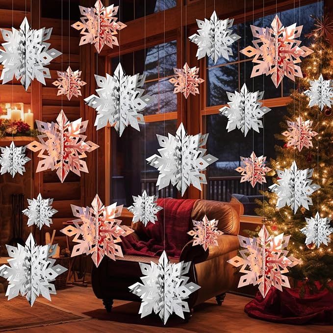 OuMuaMua Winter Christmas Snowflake Decorations Indoor, 24PCS 3D Silver Rose Gold Snowflakes Christmas Hanging Ornaments for Home Xmas Christmas Holiday Winter Wonderland New Year Party Decor Supplies
