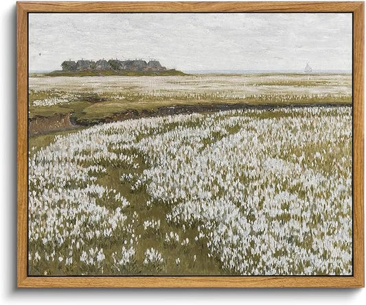 KBKBART Framed Vintage Wall Art Prints, Retro Countryside Flower Field Nature Wilderness Canvas Painting Farmhouse Decor Wall Art, Rustic Landscape Wall Decor for Bathroom, Bedroom Living Room,