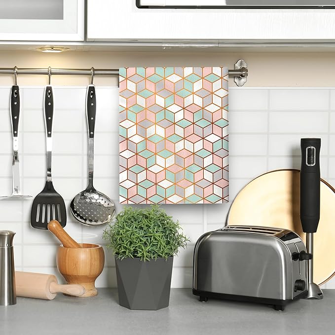 Pink Green Geometric Kitchen Towels Set of 2 Abstract Modern Absorbent Hand Tea Towels Farmhouse Holiday Home