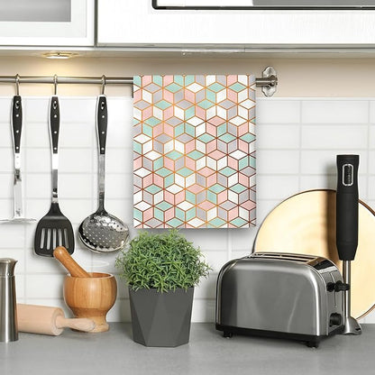 Pink Green Geometric Kitchen Towels Set of 2 Abstract Modern Absorbent Hand Tea Towels Farmhouse Holiday Home