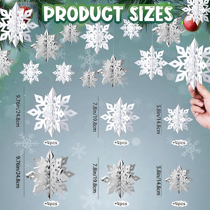 OuMuaMua Winter Christmas Snowflake Decorations Indoor, 24PCS 3D Large White and Silver Snowflakes Hanging Ornaments for Home Xmas Christmas Holiday Winter Wonderland New Year Party Decorations