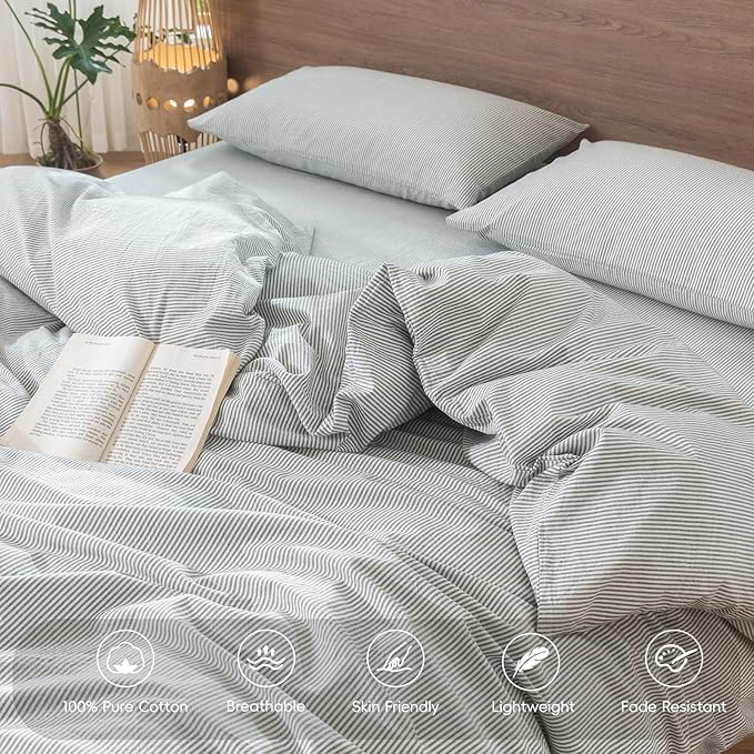 MooMee Striped Duvet Cover Set 100% Washed Cotton Linen Like Textured Breathable Durable Soft Comfy (Heathered Green Pinstripes, Queen 90"x90")