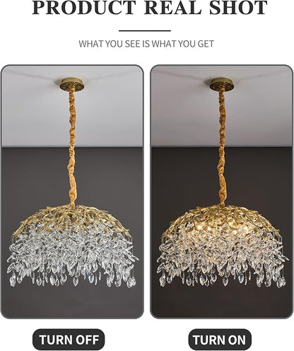 Modern Crystal Chandelier for Dining Room, 8-Light 23.62" Gold Tree Branch Chandeliers, Luxury K9 Crystal Rectangular Chandeliers for Kitchen Island Living Room