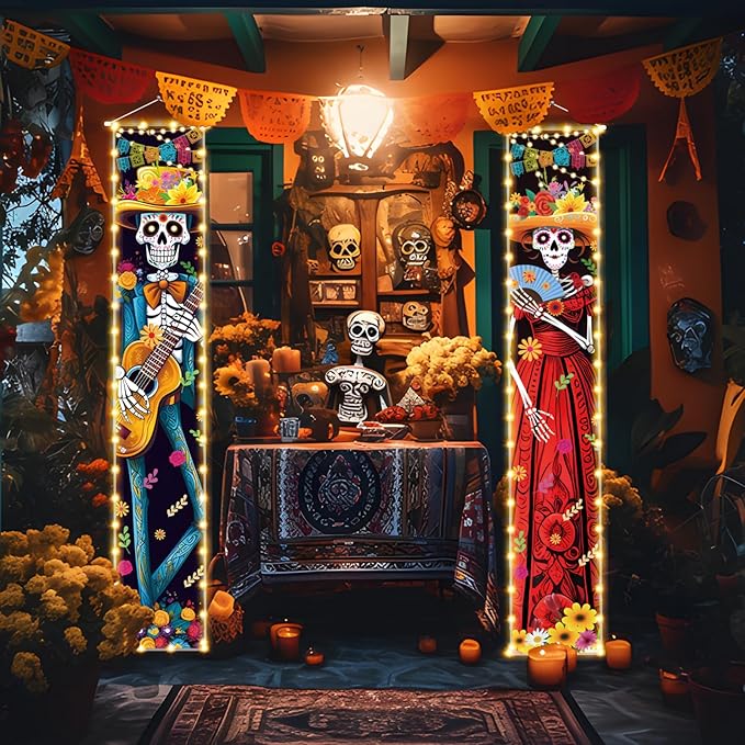 Halloween Decorations Dia De Los Muertos Lighted Porch Sign Banners Halloween Decor Mexico Day of The Dead Porch Signs Banner Indoor Outdoor Wall Door Party Decor Decoration