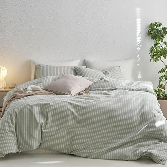 MooMee Striped Duvet Cover Set 100% Washed Cotton Linen Like Textured Breathable Durable Soft Comfy (Sage Green White Wide Stripes, Oversized Queen 98"x98")