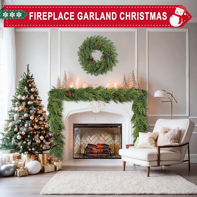 6 Ft Real Touch Christmas Garlands with Pine Cone,Thick and Lush，Bendable guirnaldas navideñas, Lifelike Pine Cedar Garland, Christmas Garland for Mantle,Indoor Outdoor Christmas Decorations