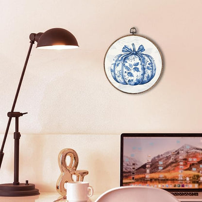 Hxlac Chinoiserie Pumpkin Fall Round Wall Art Framed, Blue and White Porcelain Pumpkin Round Wall Decor, Autumn Halloween Hanging Canvas Prints Wall Sculptures for Home Room Decor, 10x10 Inch