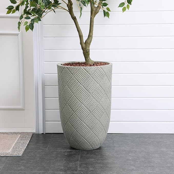 LuxenHome 22" H Concrete Tall Planters, Large Outdoor Indoor Decorative Plant Pots with Drainage Holes and Rubber Plug, Modern Gray Glen Pattern Round Flower Pot Planters for Home Garden Patio Porch