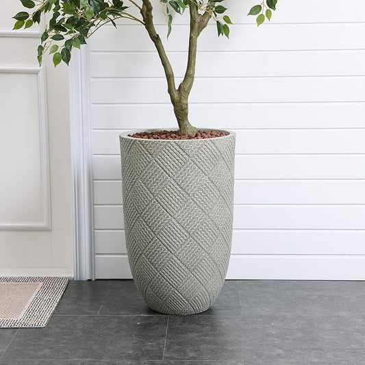 LuxenHome 22" H Concrete Tall Planters, Large Outdoor Indoor Decorative Plant Pots with Drainage Holes and Rubber Plug, Modern Gray Glen Pattern Round Flower Pot Planters for Home Garden Patio Porch