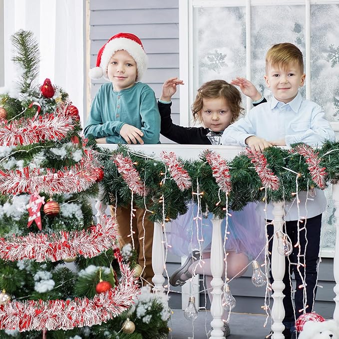 50 Feet Christmas Tinsel Garland Metallic Twist Garland Xmas Tree Decorations Wedding Birthday New Year Hanging Ornaments Party Supplies 3 Inch(Red, Silver, White)