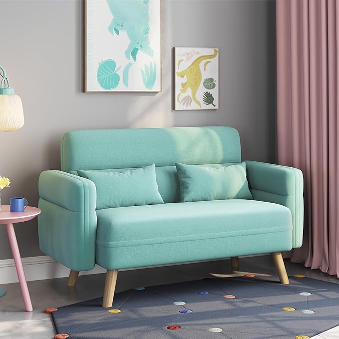 Yaheetech 46" Modern Fabric Loveseat Sofa Mid Century 2 Seater Couch Lumbar Pillows Solid Wood Legs, Aquamarine