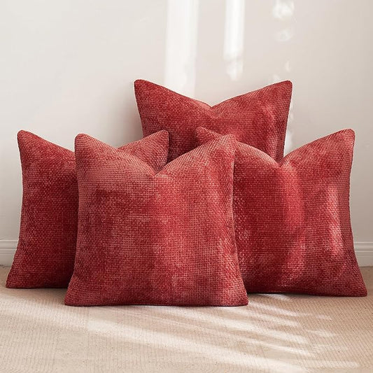 MIULEE Christmas Red Pack of 4 Throw Pillow Covers 18x18 Inch Soft Decorative Chenille Pillow Covers Farmhouse Accent Cushion Covers for Boho Home Decor Bedroom Living Room