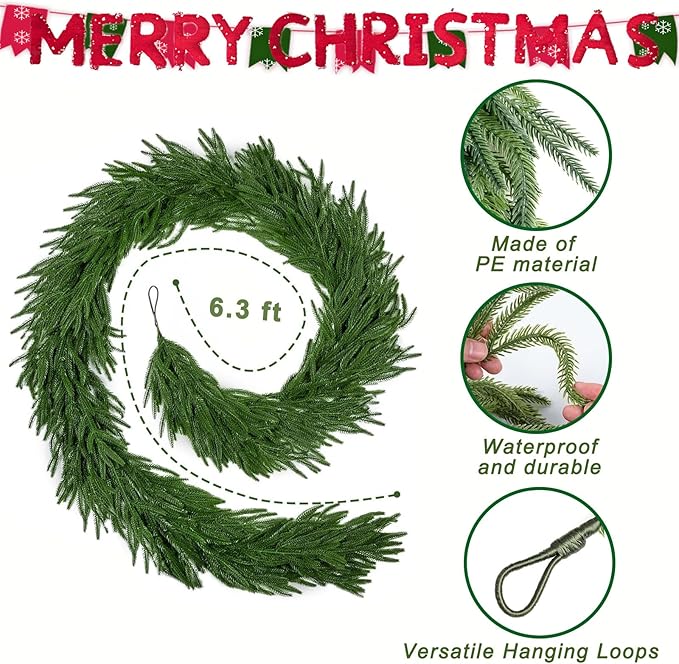 6.3 FT Christmas Garland Decorations, Artificial Norfolk Pine Garland, Realistic Greenery Garland for Staircase, Mantle, Banister, Fireplace, Wall, Door, Table, Indoor & Outdoor Holiday Xmas Decor