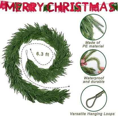 6.3 FT Christmas Garland Decorations, Artificial Norfolk Pine Garland, Realistic Greenery Garland for Staircase, Mantle, Banister, Fireplace, Wall, Door, Table, Indoor & Outdoor Holiday Xmas Decor