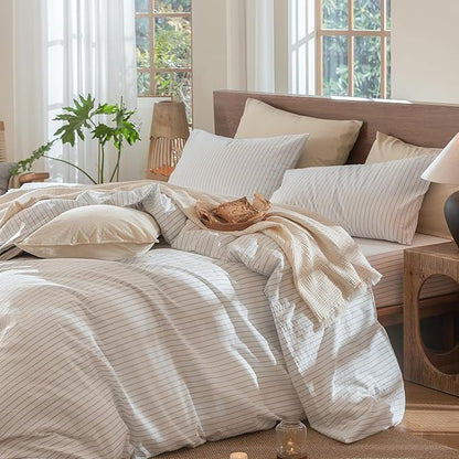 MooMee Striped Duvet Cover Set 100% Washed Cotton Linen Like Textured Breathable Durable Soft Comfy (White Cornflower Blue Wide Stripes, Queen 90"x90")