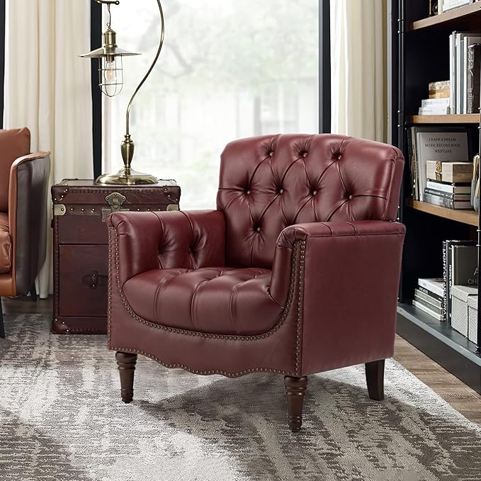 HULALA HOME Mid Century Modern Leather Club Chairs Set of 2, Top-Grain Genuine Leather Armchairs with Button-Tufted Back & Solid Wood Legs, Accent Chairs for Living Room/Bedroom/Home Office, Burgundy