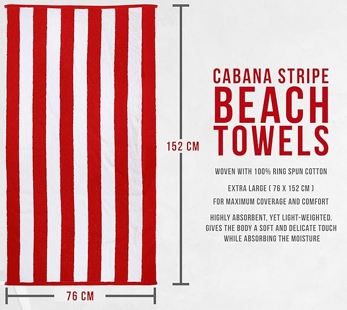 Utopia Towels Cabana Stripe Beach Towel, Oversized 100% Ringspun Cotton Pool Bath Towels for Beach, Red Navy Grey Plum