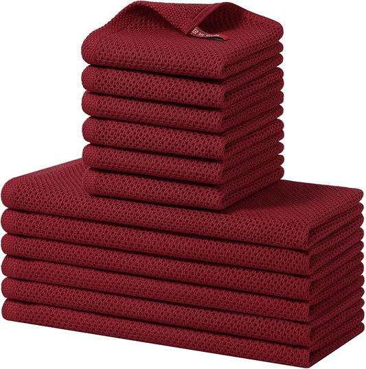 Homaxy 100% Cotton Kitchen Towels and Dishcloths Set, 12 x 12 Inches and 13 x 28 Inches, Set of 12 Bulk Kitchen Towels Set, Ultra Soft Absorbent Dish Cloths for Washing Dishes, Burgundy