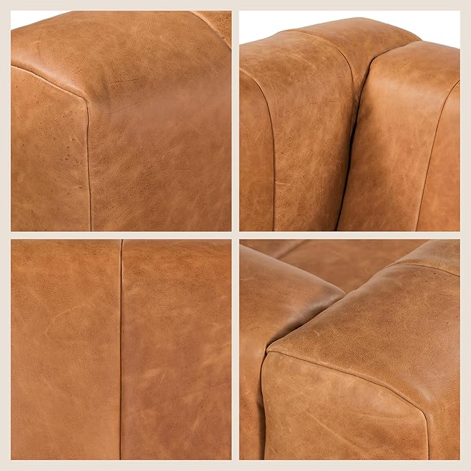 Poly & Bark Canale Leather Couch - 86 Inch Sofa - Full-Grain Channel Tufted Leather Sofa for Living Room - Living Room Couch - Pure Aniline Vintage Italian Leather in Cognac Tan