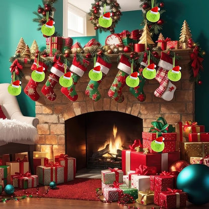 ASTARON 12 Pcs Christmas Lime Green Furry Ball Ornaments for Christmas Tree Decorations Soft Faux Fur Pom Pom Ball Ornaments for Fireplace Mantel Wall Xmas Decor Party Supplies