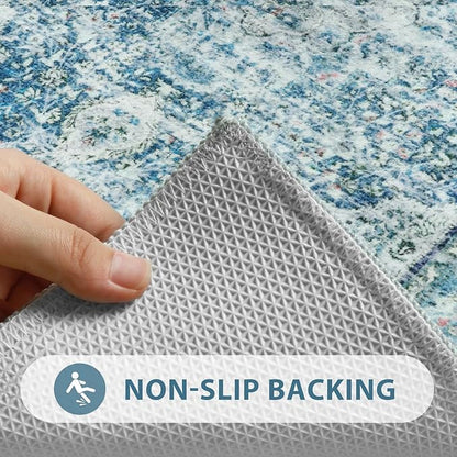 Uphome Bathroom Runner Rug, Distressed Tribal Farmhouse Light Blue Bathroom Mat, Long Bathroom Rugs Non Slip Washable, Oriental Retro Boho Bath Mat Runner for Bathtub Sink Hallway, 24x59 inch