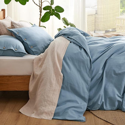 Bedsure Linen Duvet Cover Queen - Linen Cotton Blend Bedding Set, Soft & Cozy, 3 Pieces, 1 Duvet Cover 90x90 Inches and 2 Pillowcases, Grey Blue Color Cooling Bedding, Comforter Sold Separately