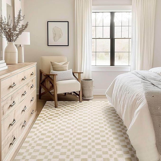 EVERGRACE Checkered Plaid Area Rug - Soft Faux Wool, 9x12, Washable, Anti Slip, Large, for Entryway, Bedroom, Living Room, Hallway, Kitchen, Dining Room and Laundry, Beige